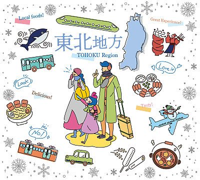 一家三口在日本东北地区享受冬季美食观光，一组图标(线条画)