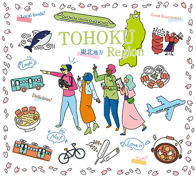 在日本东北地区享受春天美食旅游的游客，一组图标(线条画)