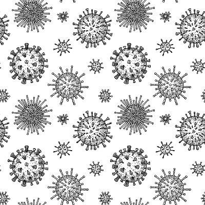 病毒无缝模式。科学手绘矢量插图素描风格。显微镜下的微生物