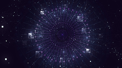 数字网络空间以粒子与数字数据网络连接，未来技术以数字抽象为背景概念。