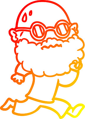 温暖的梯度线画一个卡通跑男人的胡子和太阳镜出汗