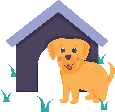 小狗与木屋概念，狗舍矢量颜色图标设计，宠物和兽医符号，动物收容所标志，四条腿的朋友股票插图