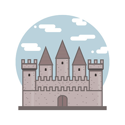 中世纪古城堡平面图标。天空圈背景上的堡垒。中世纪的建筑。矢量说明骑士城堡与墙和塔隔离在白色背景