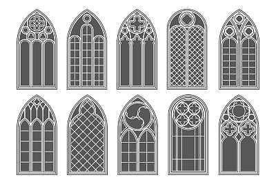 哥特式教堂的窗户。矢量建筑用玻璃拱起。古城堡和大教堂的框架。中世纪染色室内设计。的插图