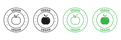 素食绿黑邮票套装。素食标签。有机产品为素食主义者的象征。素食者的天然食物。生物健康新鲜蔬菜。素食徽章。孤立矢量图