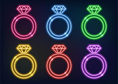 霓虹灯框架。五彩缤纷的霓虹灯钻石戒指。暗色背景上的激光发光线条。