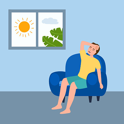 大汗淋漓的男人坐在家里。炎热的夏日使他筋疲力尽。