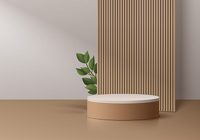 三维现实的白灰色圆柱基座基座背景与垂直的木材和绿叶。墙面最小场景模型产品舞台展示，横幅推广展示。向量抽象空房间。