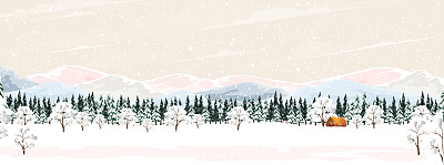 冬季森林景观与木谷仓，冷杉和松树在雪天。矢量卡通地平线针叶林与雪花飘落在夜晚，背景旗帜为圣诞，新年装饰