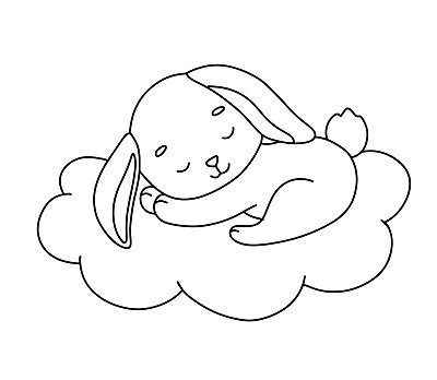 可爱的兔子在云上做梦。卡通手绘矢量轮廓插图着色书。线宝宝动物