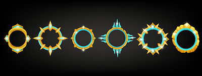 游戏角色框架设置，矢量UI圆圈徽章，升级中世纪RPG轮排名奖，宝石。