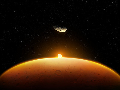 火星的卫星火卫一在地表上方的空间。这颗红色星球的景观。