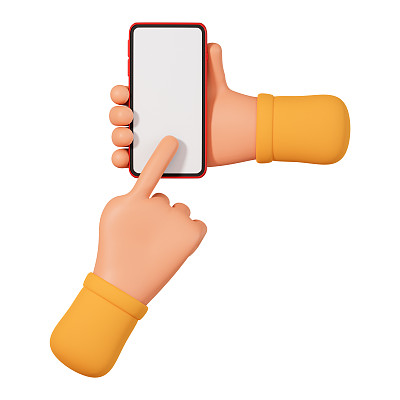 卡通手握手机和另一只手点击屏幕上的设备3d插图孤立在白色背景