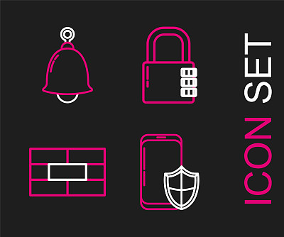 设置线智能手机与安全盾牌，砖，安全密码锁和铃声图标。向量