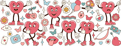 一套时髦的心形贴纸在嬉皮士的爱情风格。情人节。漫画快乐，惊讶，害怕，人物在复古的60年代70年代流行的卡通风格。复古的心脏人物和元素。