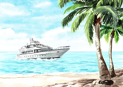 海上小船，游艇在热带海滩附近的海浪上。手绘水彩插图