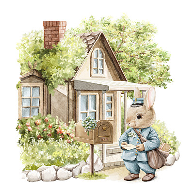 水彩房子和卡通兔子邮差与邮袋，包裹和信件