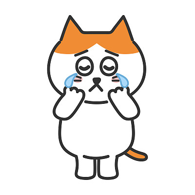 橙色虎斑卡通猫流泪，矢量插图。