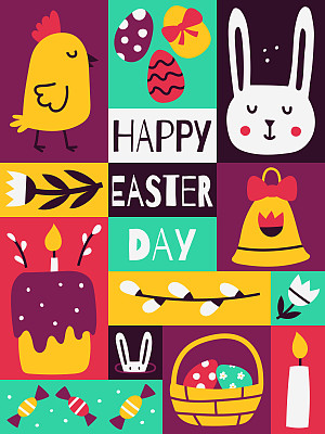 复活节贺卡。垂直平面海报，可爱的复活节符号。小鸡，兔子，铃铛，蜡烛。彩色明亮对比卡与写意的孩子的元素。平面矢量图。