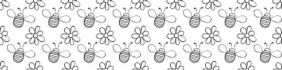 矢量无缝模式轮廓胖小蜜蜂和花朵的涂鸦风格。可爱的卡通蜂蜜昆虫在林间空地。背景和纹理上的主题自然，春天，夏天，儿童印刷