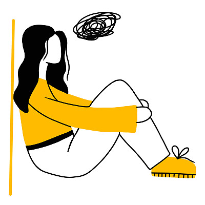 抑郁的女人，脑子里有混乱的想法。一个悲伤的小女孩坐在那里，不高兴地抱着自己的膝盖。抑郁症的概念。矢量插图在涂鸦风格。