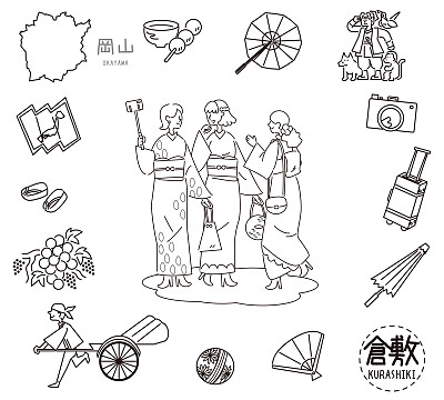 日本冈山仓敷著名景点图标及和服女性友人(线条画(WB))