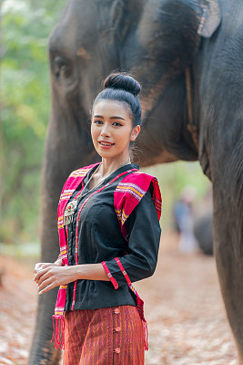 年轻美丽的亚洲女子在传统的泰国东北部是一个服装站在一头巨大的大象前面