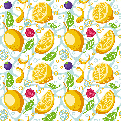 柠檬、蓝莓和覆盆子制成的柠檬水。柠檬片。冰块。新鲜的水果冷饮。向量。
