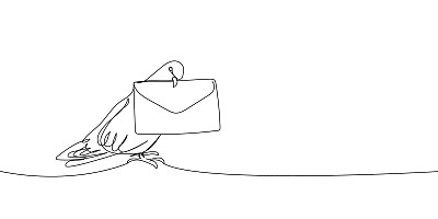 鸽子用字母连续线条绘制。一行艺术的浪漫，爱情，感情，邮件，投递，鸟，通信。