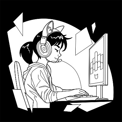 亚洲女孩游戏玩家或带着头戴式耳机坐在电脑前