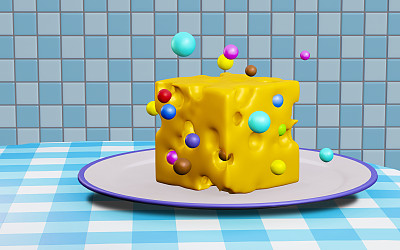 奶酪的3D图像，上面有橙色的洞，周围是五颜六色的糖果状球体。