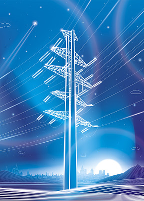 高压输电系统。电力。氖辉光。城市能源基础设施。晚上的风景。电线。网络互联电气。蓝色背景上的白色线条。矢量设计