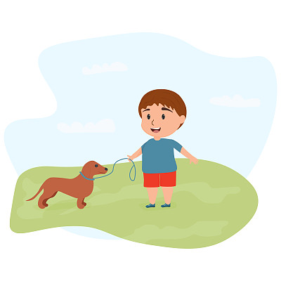 一个小男孩带着他的狗在大自然中散步。动物护理，矢量插图
