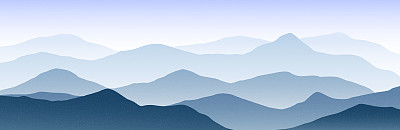 抽象的山地景观。自然全景背景，蓝色的风景和烟雾地平线壁纸。矢量图
