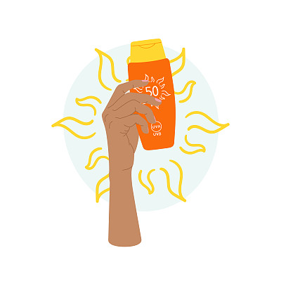 女性手持防晒霜与太阳和抽象形状的组成。SPF防护和太阳安全概念。抗紫外线防护，太阳能护肤品。手绘矢量图