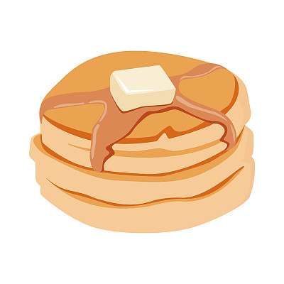 一叠煎饼加枫糖浆和一块黄油。手绘矢量插图。