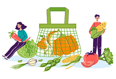 食品袋环保回收生态菜市场蔬菜纸概念。矢量图形设计插图