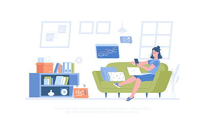 自由的概念。网上求职，网络工作者，员工工作场所。女孩在家沙发上工作。卡通现代平面矢量插图的横幅，网站设计，登陆页。