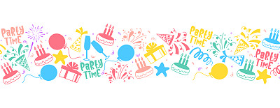 生日矢量横幅设计。派对时间文本与生日事件和庆祝元素。