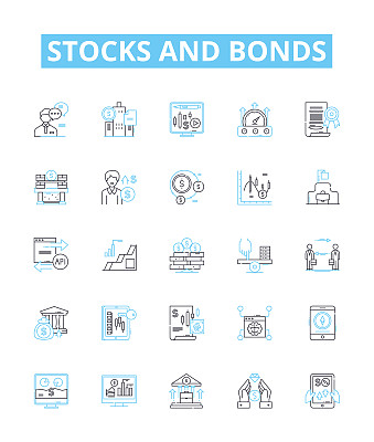 股票和债券矢量线图标集。股票，债券，股票，固定收益，证券，股票市场，债券市场插图概述概念符号和标志