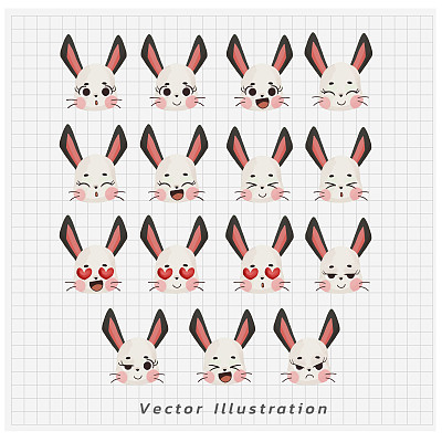 兔子表情符号的水彩画。兔子表情，有脸表情可爱的兔子表情卡哇伊。兔子头像
