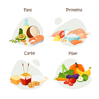 食物中的蛋白质、脂肪、纤维和碳水化合物。