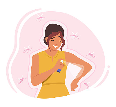 妇女喷洒驱蚊剂来驱赶昆虫，使它们免受叮咬和潜在疾病的侵害，插图