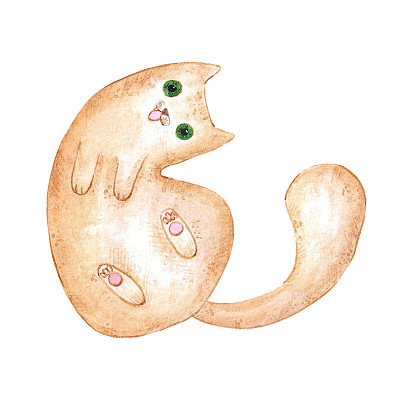 手绘水彩棕色猫用于儿童纺织品。孤立在白色上。相册，海报，标签，横幅，明信片。
