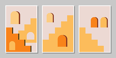 一组三幅抽象楼梯海报，中世纪建筑，波西米亚艺术，印刷墙壁装饰