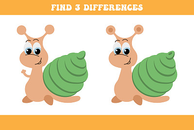 找出两个卡通蜗牛的3个不同点。儿童逻辑游戏，益智益智