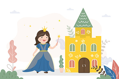漂亮的小女孩用魔法棒扮演仙女。穿着仙女服装站在玩具城堡附近的高加索女孩。童年，想象力，儿童游戏