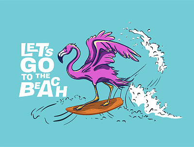 火烈鸟冲浪上大浪凉爽的夏季t恤印花。鸟骑冲浪板。我们去海滩吧