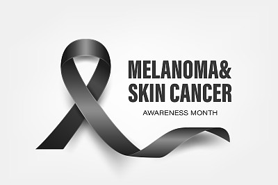 黑色素瘤，皮肤癌横幅，卡片，标语牌与矢量3d现实的黑丝带在白色背景。黑色素瘤，皮肤癌宣传月标志特写，5月。世界黑色素瘤日概念