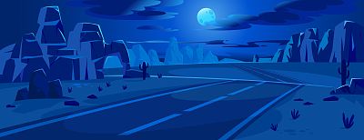 夜晚的沙漠之路。月亮越过峡谷和高速公路。矢量景观背景